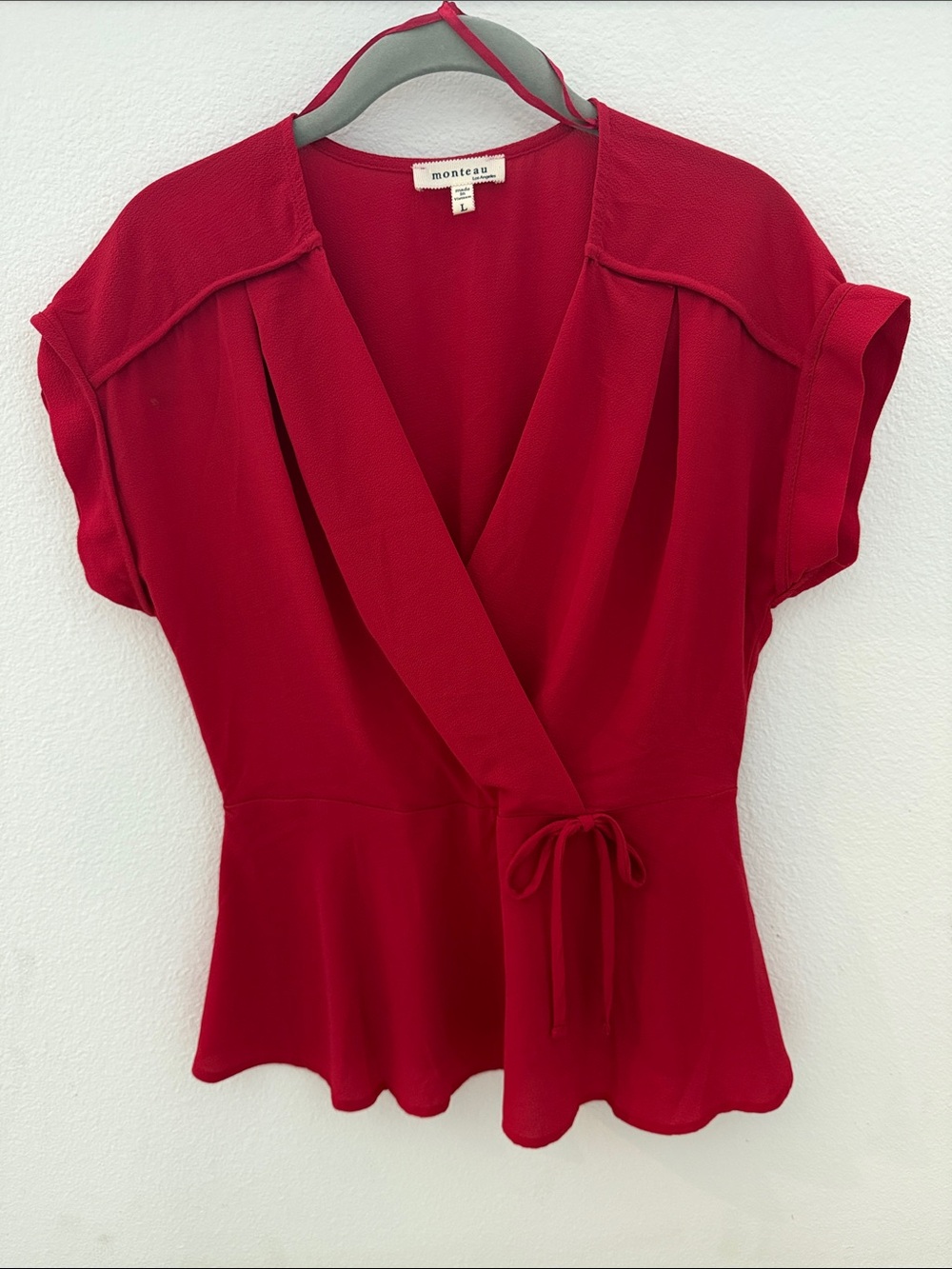 EUC Red Short-Sleeve Faux Wrap Peplum Blouse